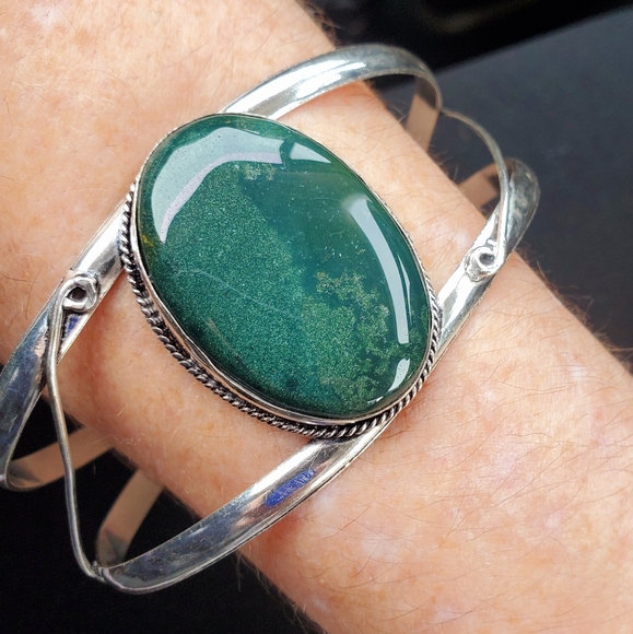 New Indian Moss Agate 925 Silver Cuff Bracelet. - Picture 3 of 10